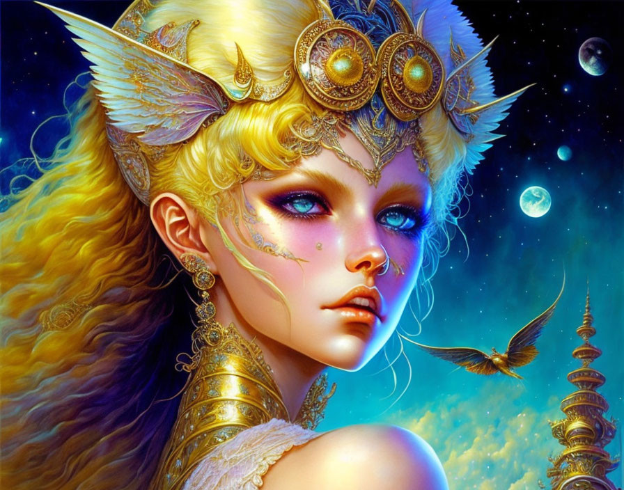 Fantastical female character with golden headwear and blue eyes against starry night sky