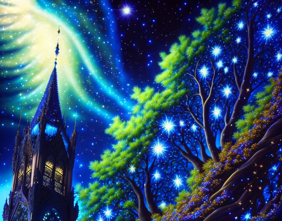 Gothic-style spire under vibrant night sky with stars and auroras