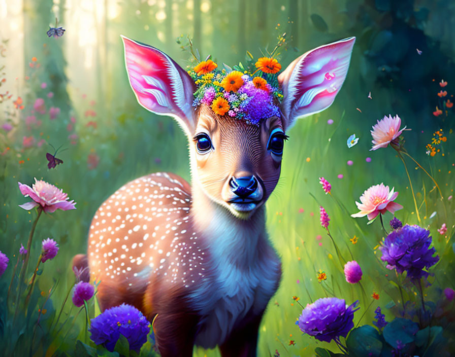 Whimsical fawn digital artwork with flower crown in lush garden