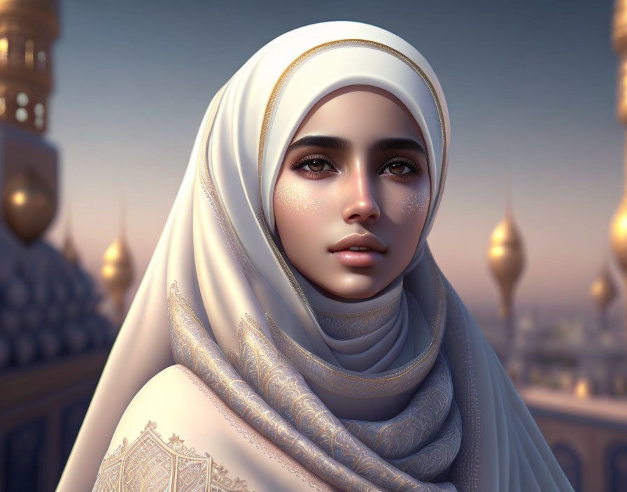 Detailed digital portrait of woman in hijab with intricate detail and soft lighting against architectural background.