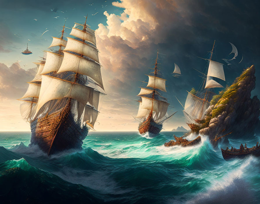 Tall ships sailing on turbulent seas near a rocky coast under a sky with floating islands and ships