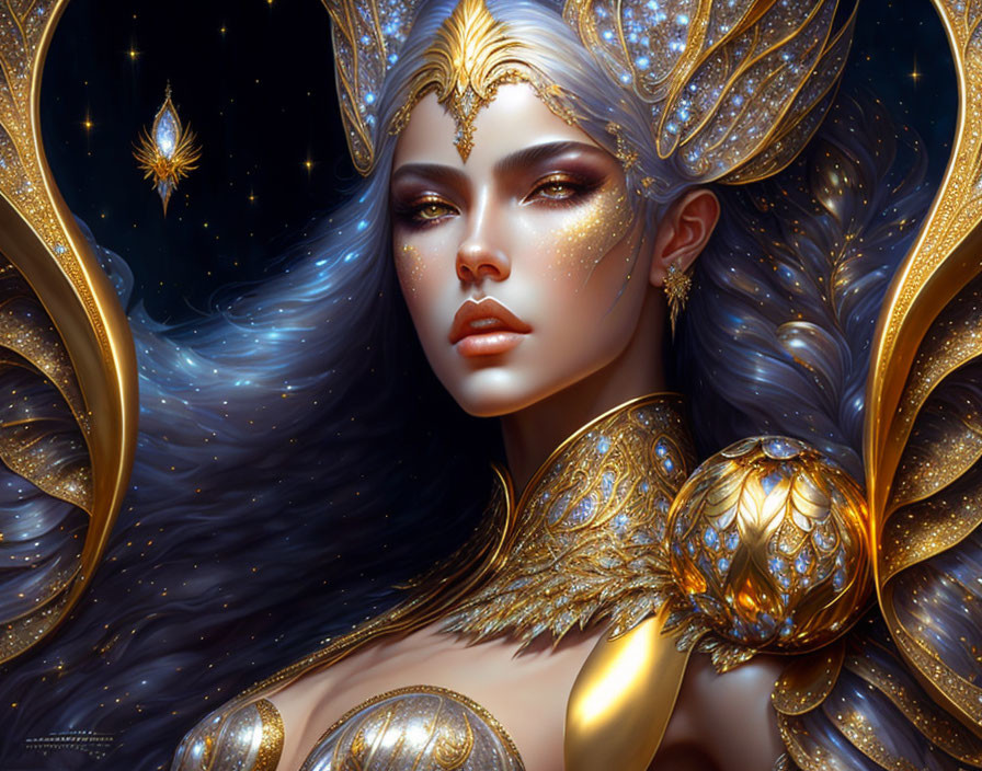 Ethereal female figure in blue hair and celestial armor on starry background