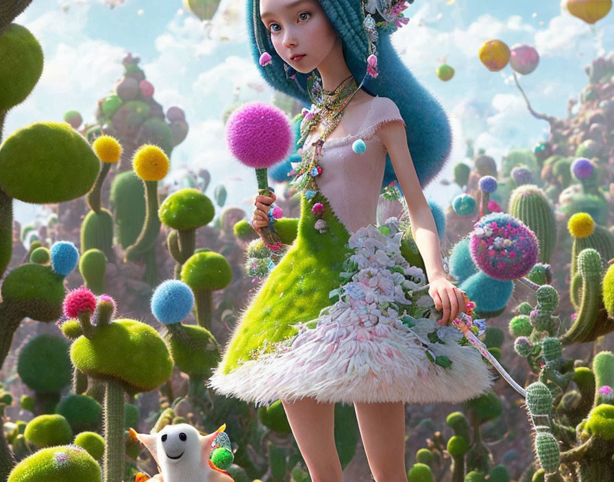 Whimsical animated girl with blue hair and pink fluffy plant among vibrant cacti