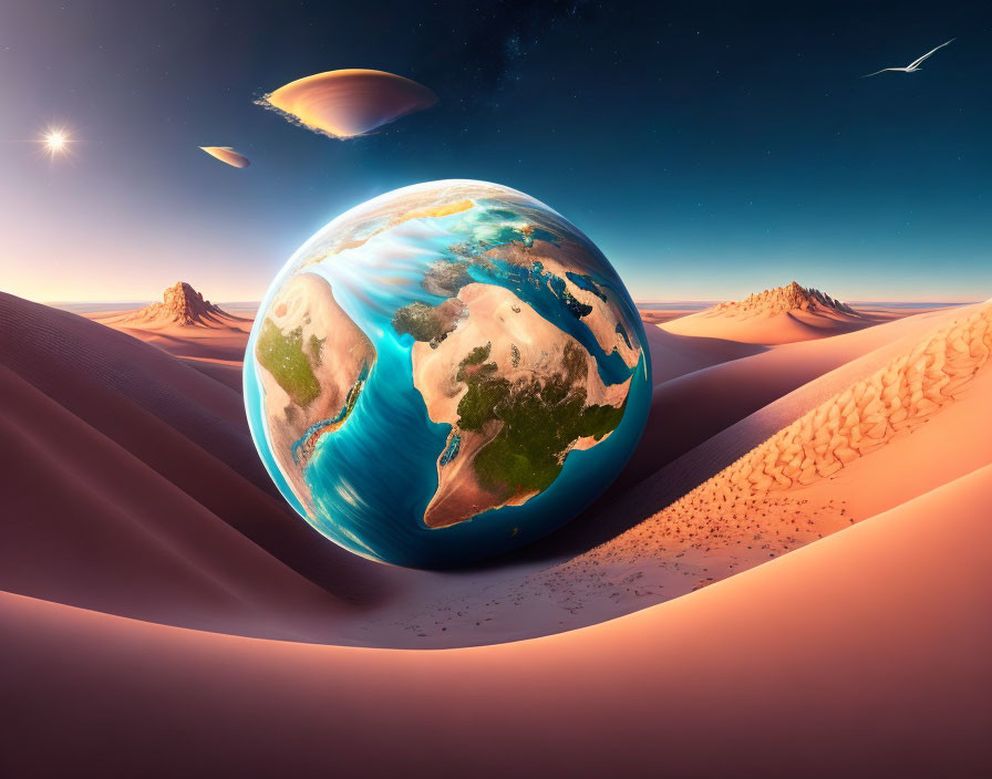 Detailed surreal landscape with oversized Earth, sand dunes, multiple planets, and bright star