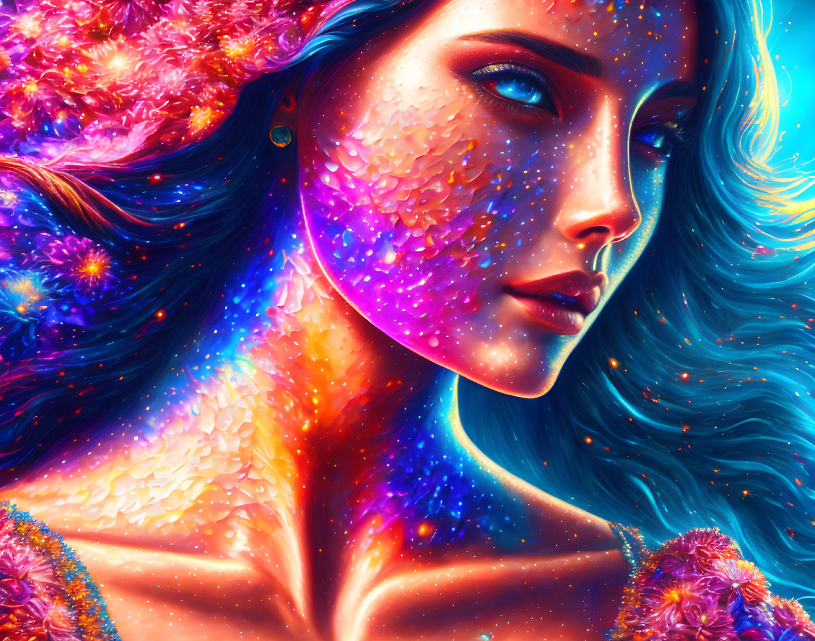 Cosmic-themed digital artwork of woman with star-filled skin