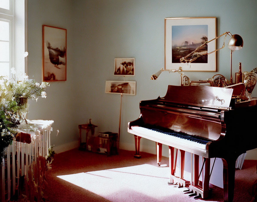 Cozy room with grand piano, framed art, desk lamp, flowers, decorative radiator