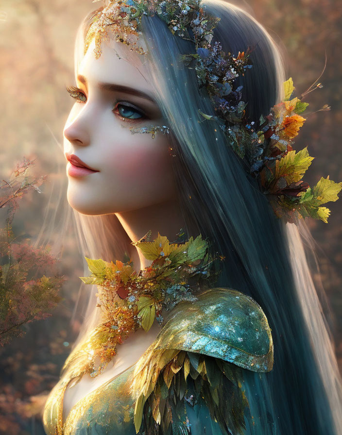 Fantasy female character with blue hair and autumn leaf crown, golden leaf shoulder armor