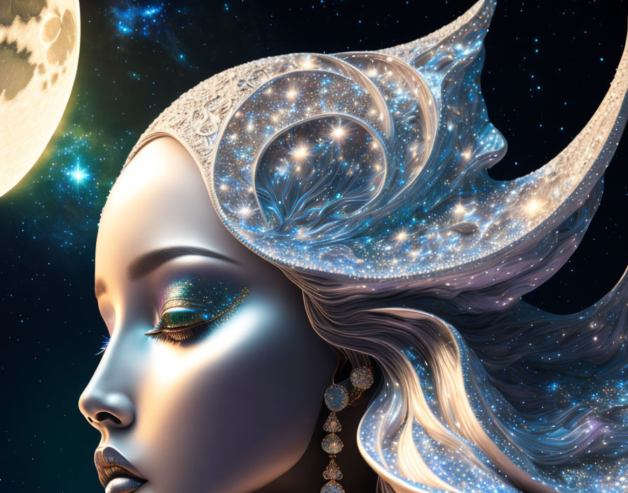 Fantasy illustration of woman with cosmic makeup and starry headdress