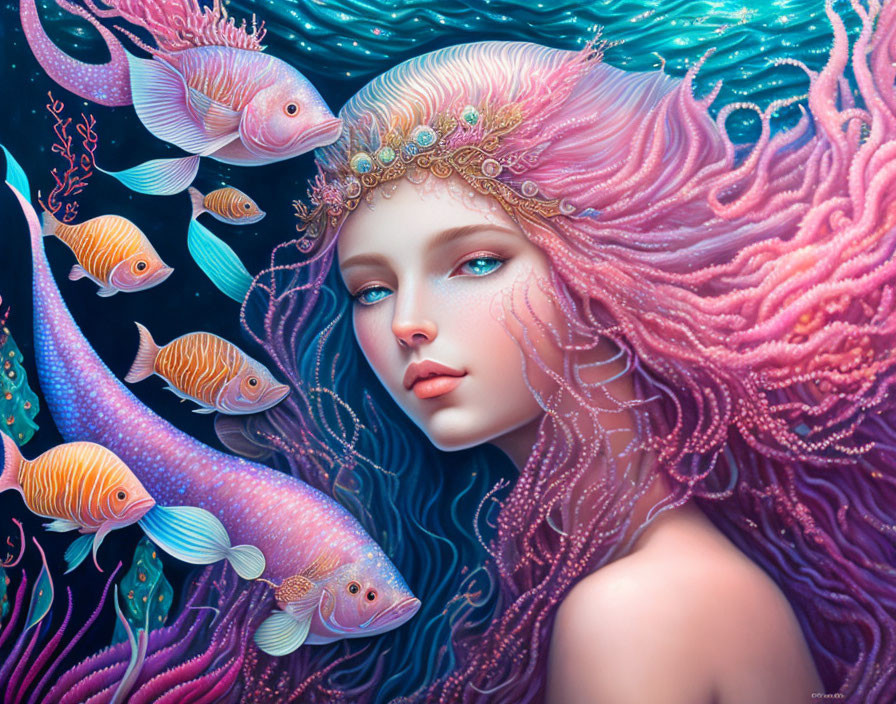 Vibrant mermaid with pink hair and tiara in underwater scene