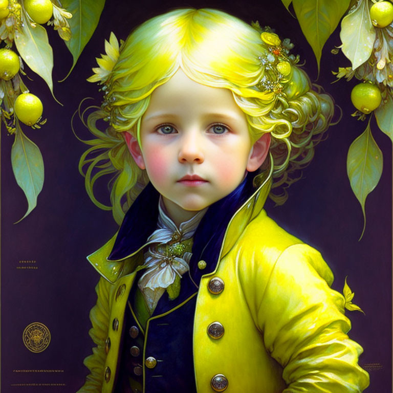 Child with bright blue eyes and curly hair adorned with yellow flowers and leaves in vibrant yellow jacket.