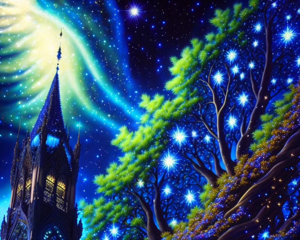 Gothic-style spire under vibrant night sky with stars and auroras