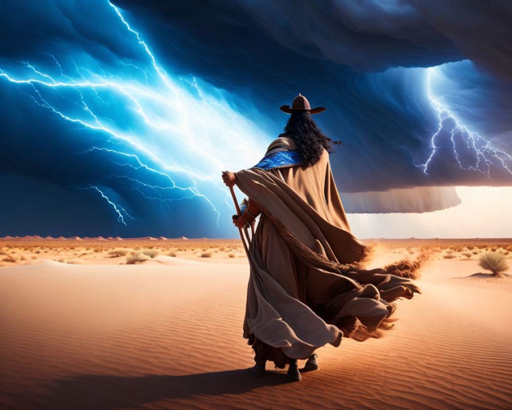 Cloaked figure in desert under dramatic sky with lightning strikes