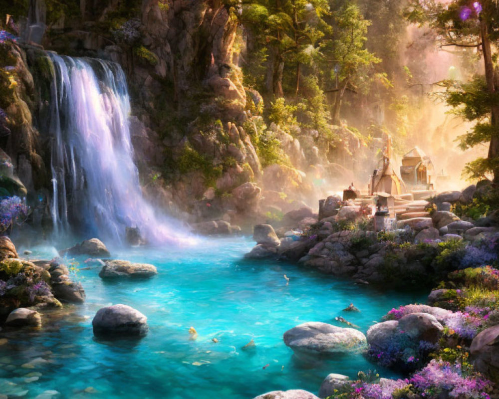 Tranquil fantasy landscape with waterfall, pond, flora, lights, and cottage