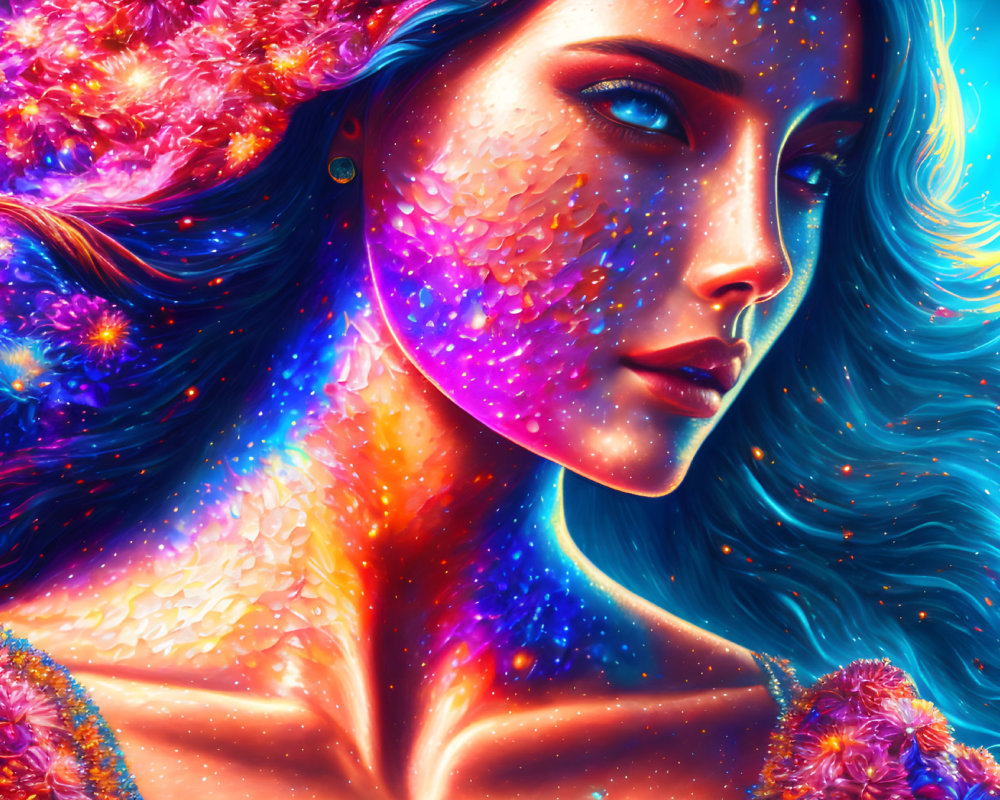 Cosmic-themed digital artwork of woman with star-filled skin