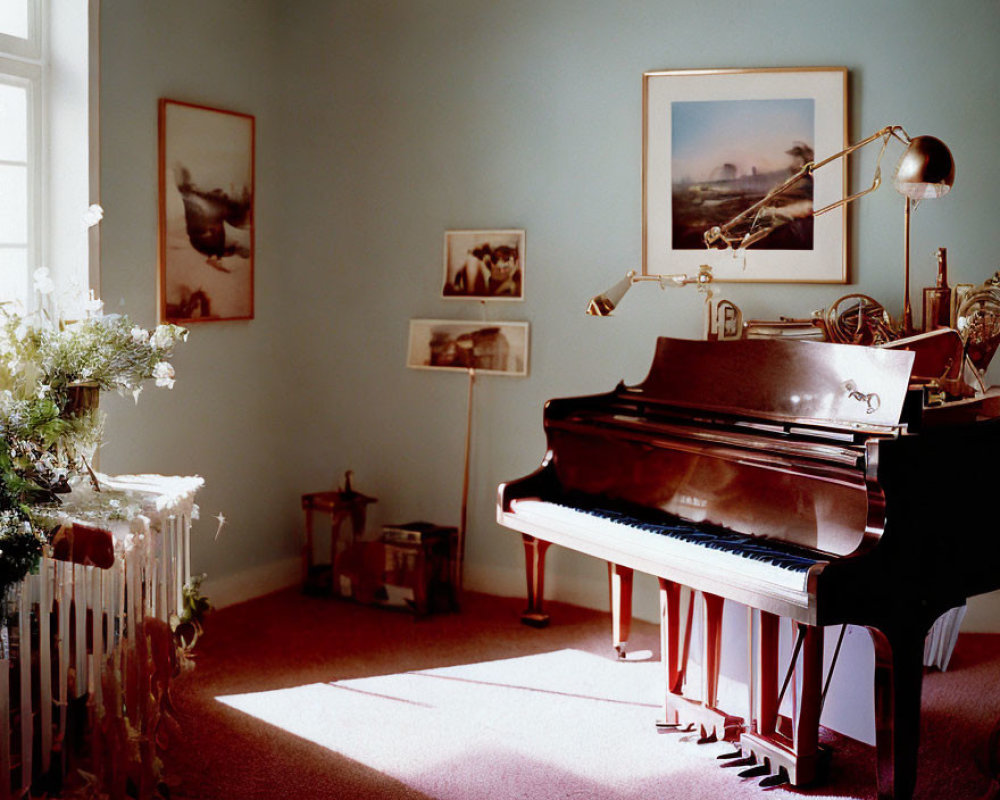 Cozy room with grand piano, framed art, desk lamp, flowers, decorative radiator