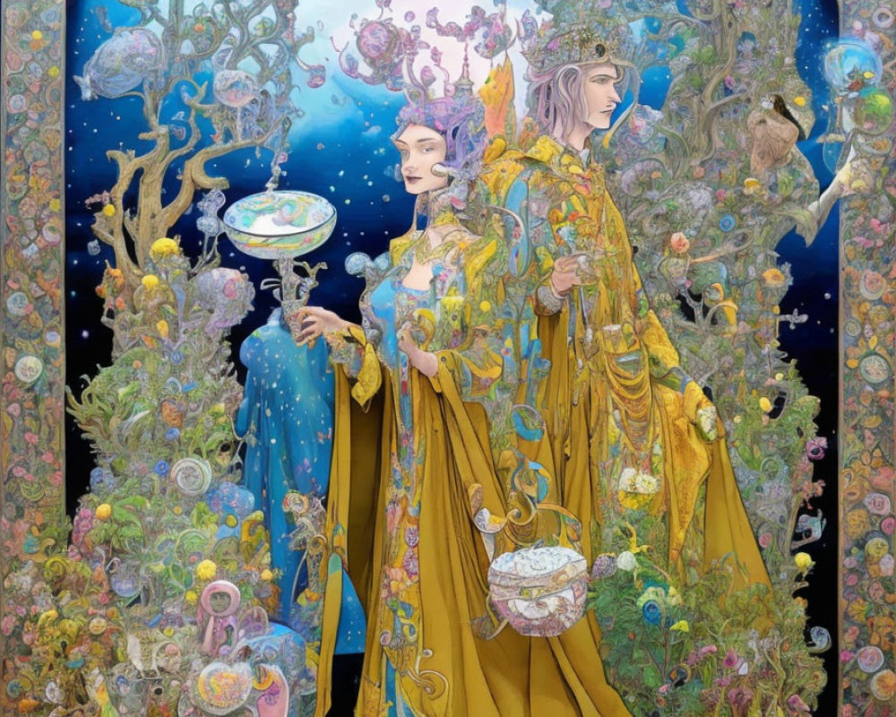 Ethereal figures in yellow robes with translucent spheres in vibrant underwater scene