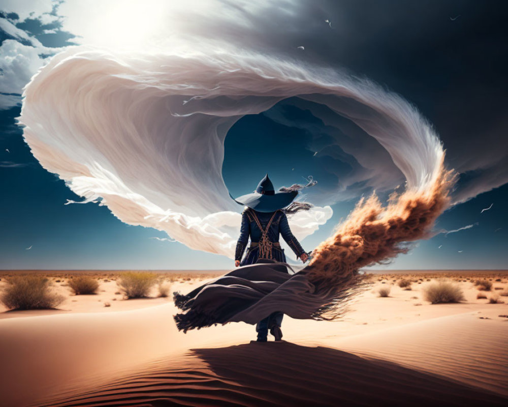 Witch casting spell in desert with cloak blending into sky vortex