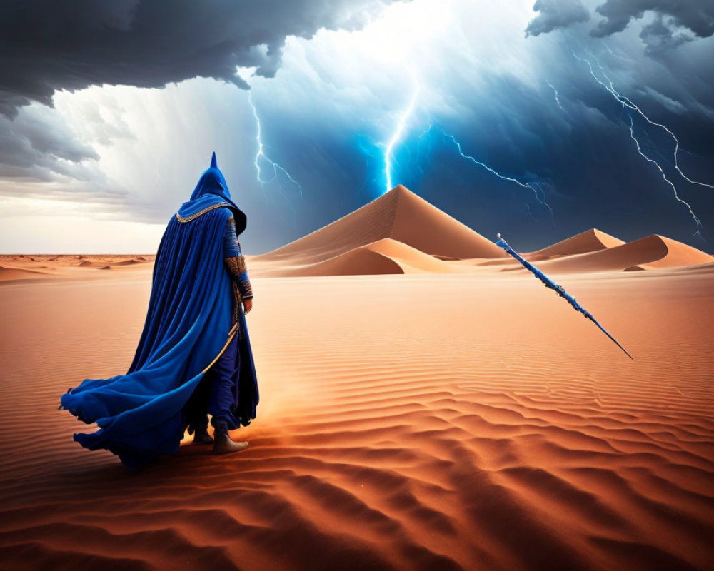 Robed Figure in Desert with Stormy Sky and Lightning