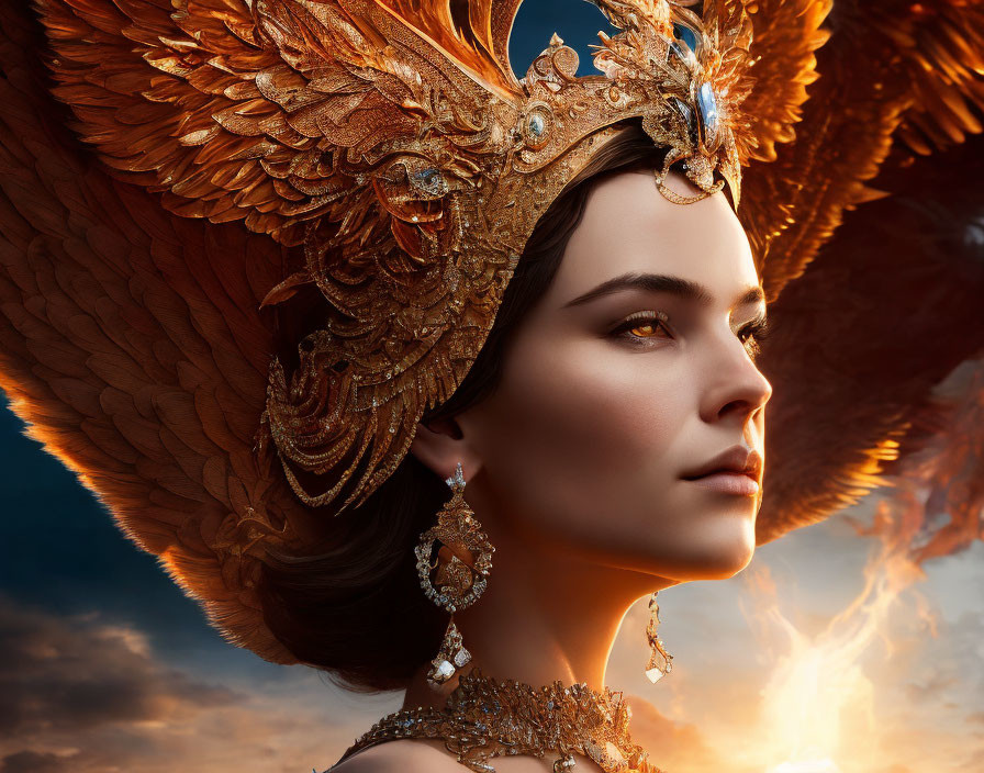 Golden headdress and winged figure in dramatic sky