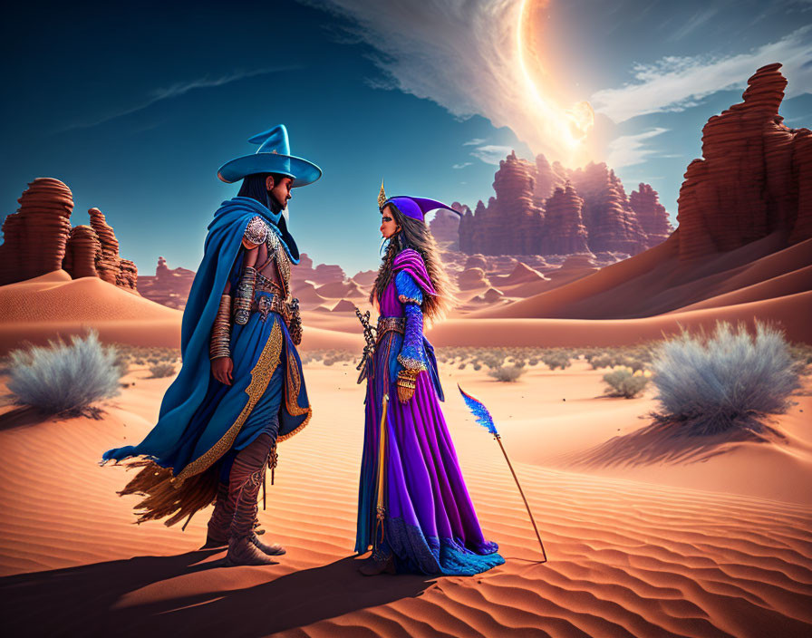 Medieval fantasy characters in desert setting with dramatic sky