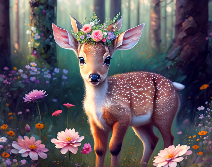 Young fawn with floral crown in enchanted forest among colorful flowers