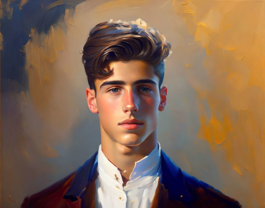 Young Man with Styled Hair in Digital Painting on Abstract Golden Background