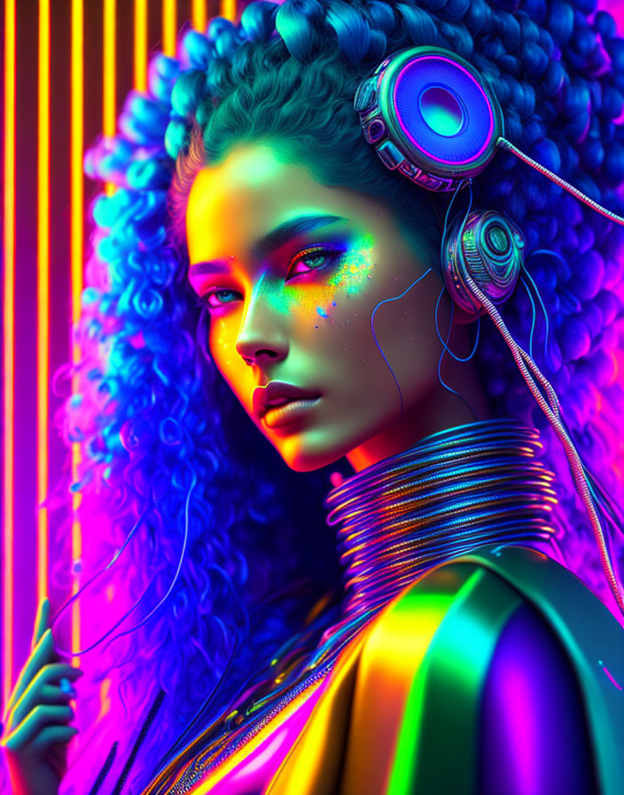 Colorful portrait of woman with curly hair, headphones, neon lights, and futuristic makeup