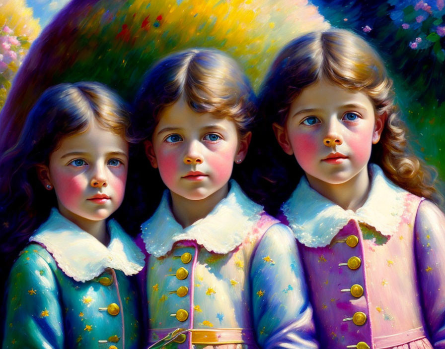 Vintage Clothing: Three Children in Similar Features Amid Colorful Floral Background