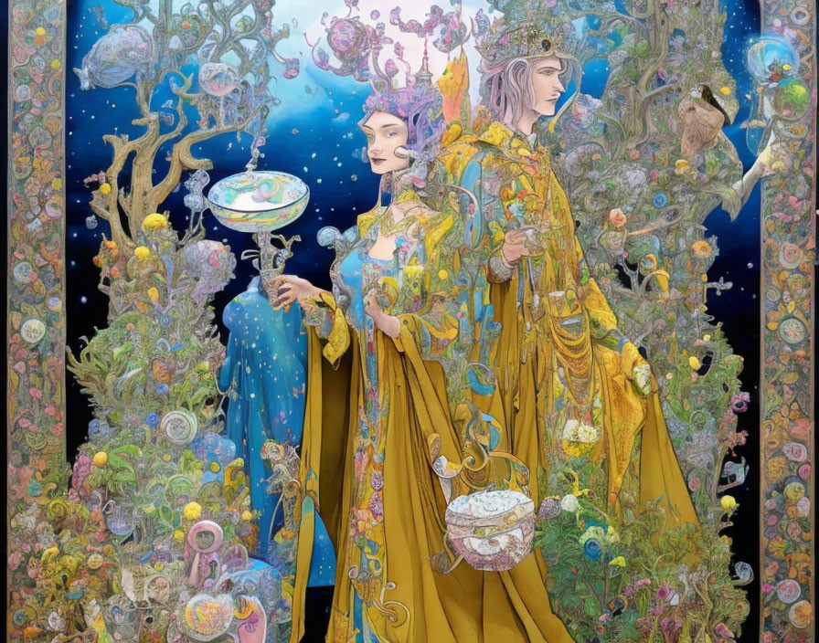 Ethereal figures in yellow robes with translucent spheres in vibrant underwater scene