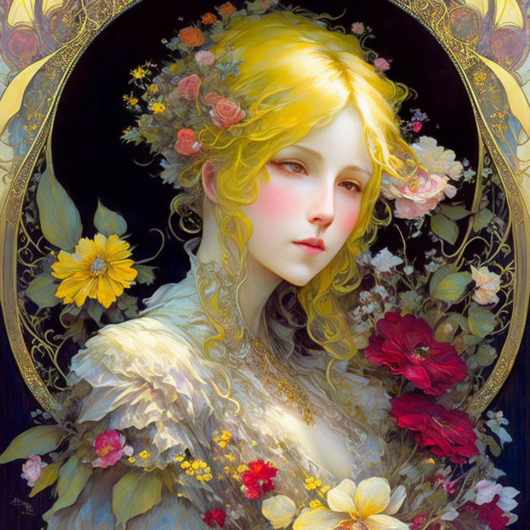 Portrait of Woman with Golden Hair and Colorful Flowers on Dark Floral Background