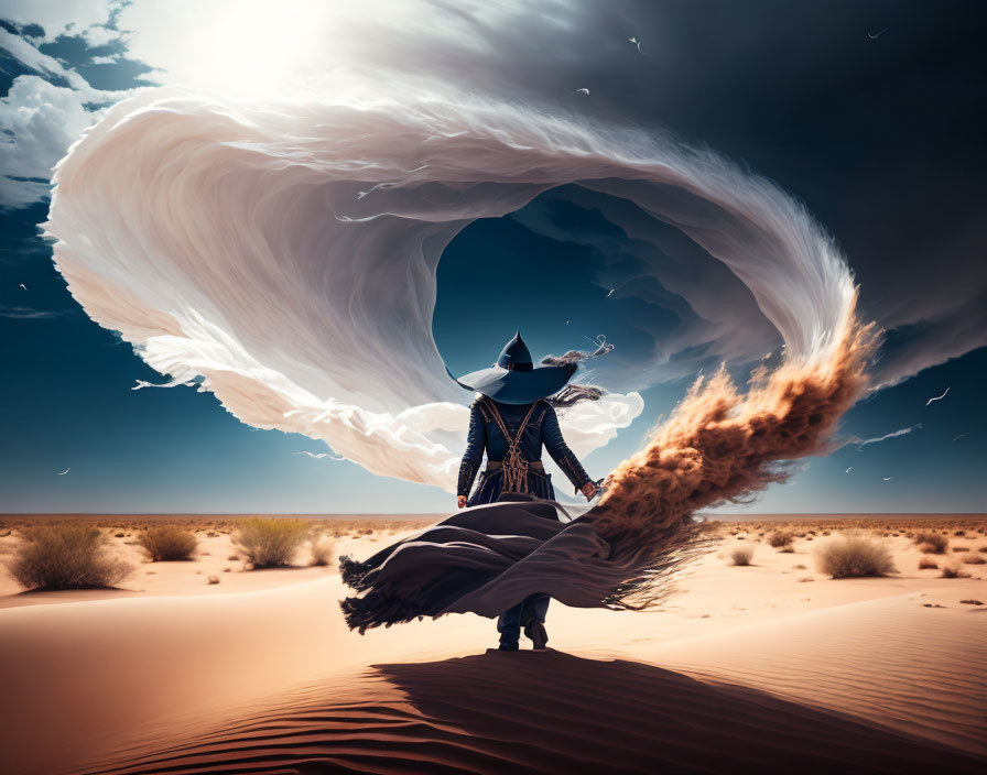 Witch casting spell in desert with cloak blending into sky vortex