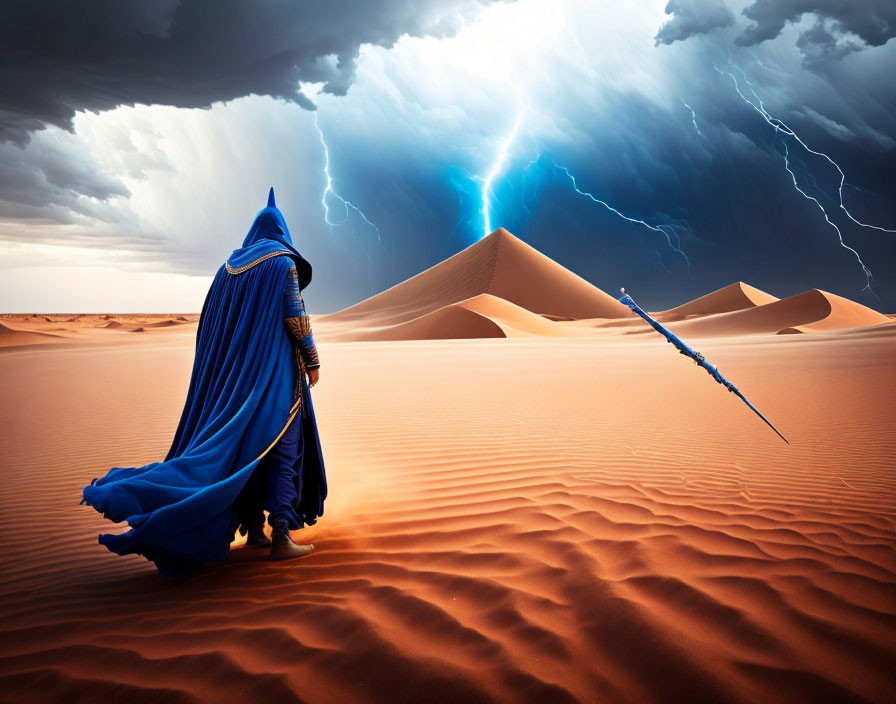 Robed Figure in Desert with Stormy Sky and Lightning