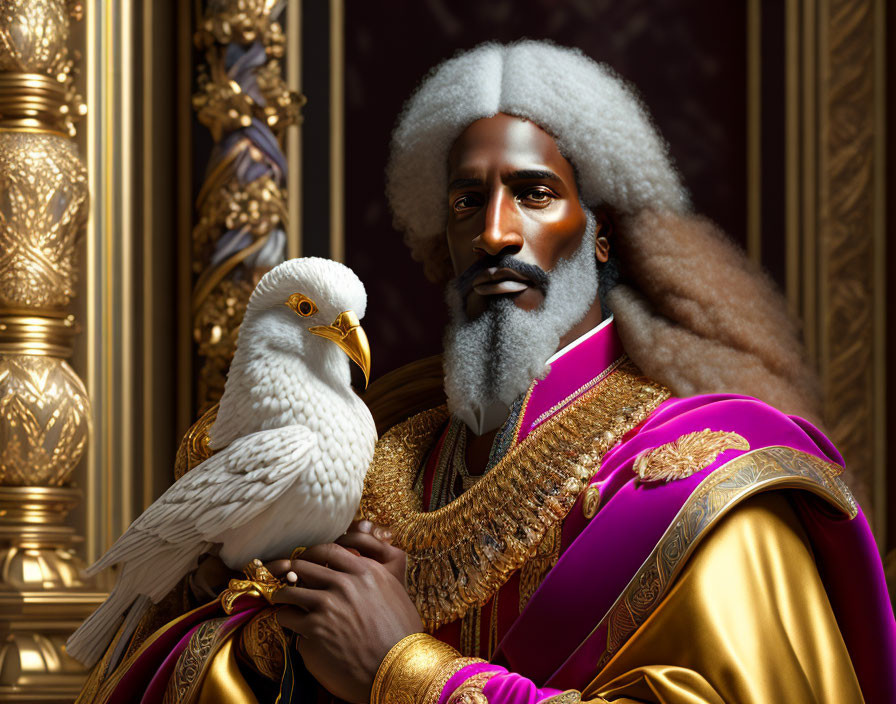 Royal man with white beard in purple cloak holding white falcon on golden background