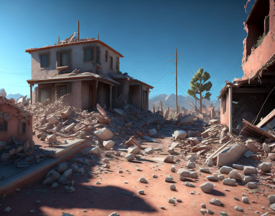 Abandoned two-story house in rubble and desolate landscape