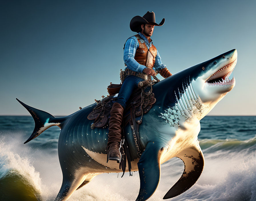 Cowboy riding a shark with saddle in the sea waves, clear sky.