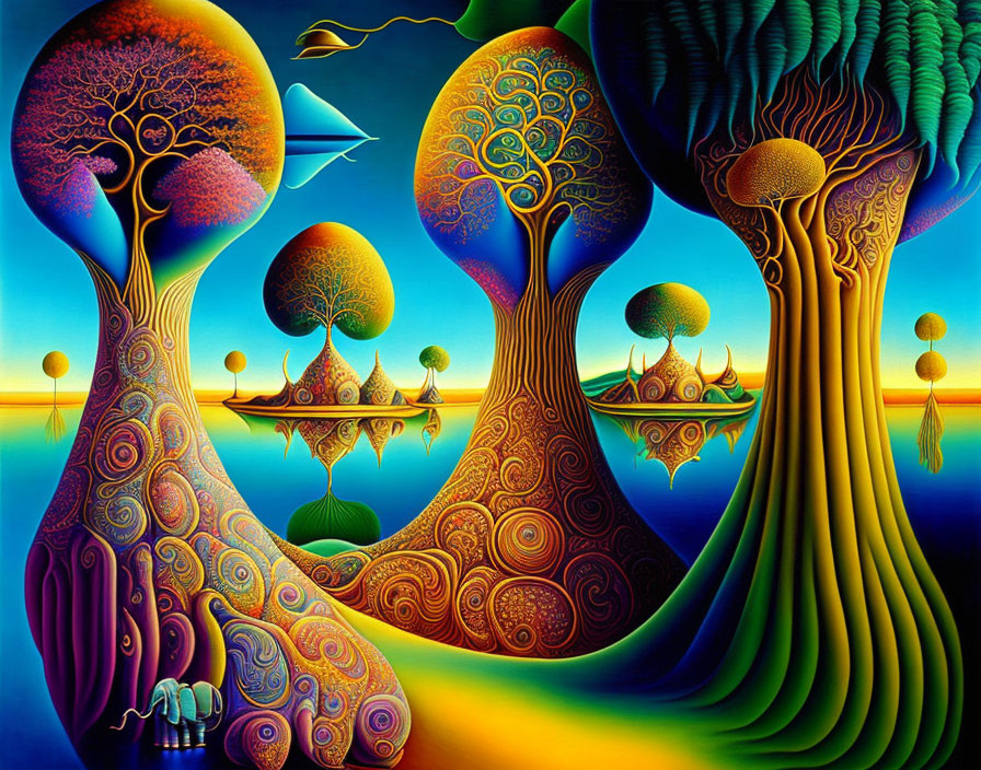 Colorful surreal painting: Stylized trees, floating islands, whale-like creature