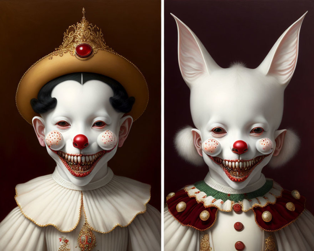 Surreal portraits of stylized characters with clown-like features