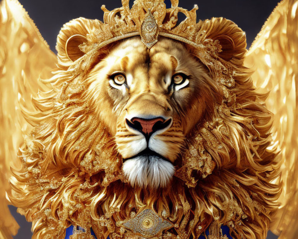 Majestic lion with golden crown and wings on ornate background