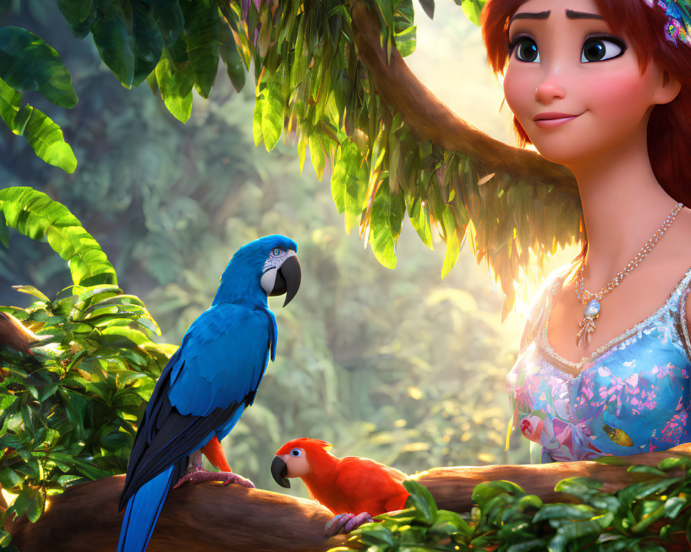 Smiling animated girl with blue top in jungle with macaw and red bird