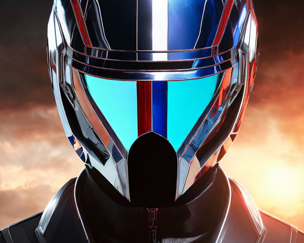 Futuristic helmet with blue visor on person against cloudy sky