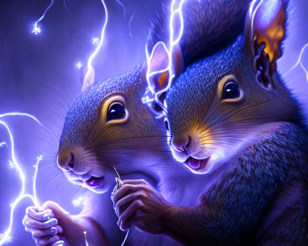 Vibrant blue and purple animated squirrels spark against mystical backdrop