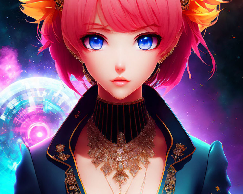 Anime-style illustration of character with pink hair and blue eyes in ornate jewelry and blue jacket on cosmic