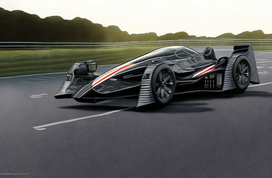 Sleek black futuristic race car on track with large wheels