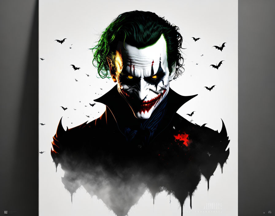 Menacing character with green hair and clown makeup surrounded by bats on pale background