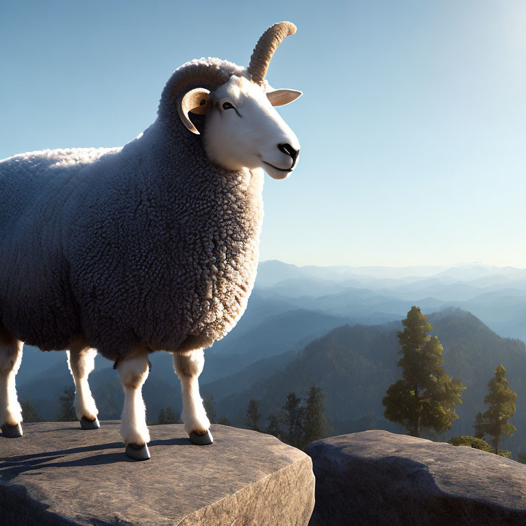 3D animated sheep on rocky ledge in mountain landscape