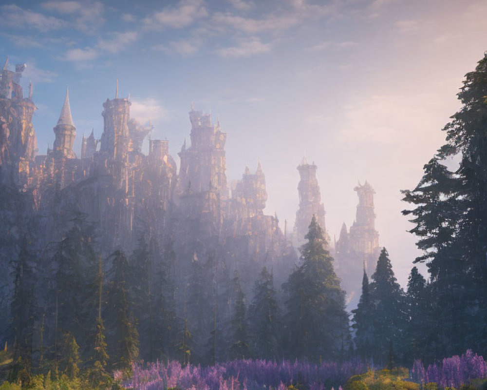 Mystical castle in morning mist above lush forest with purple flowers at sunrise