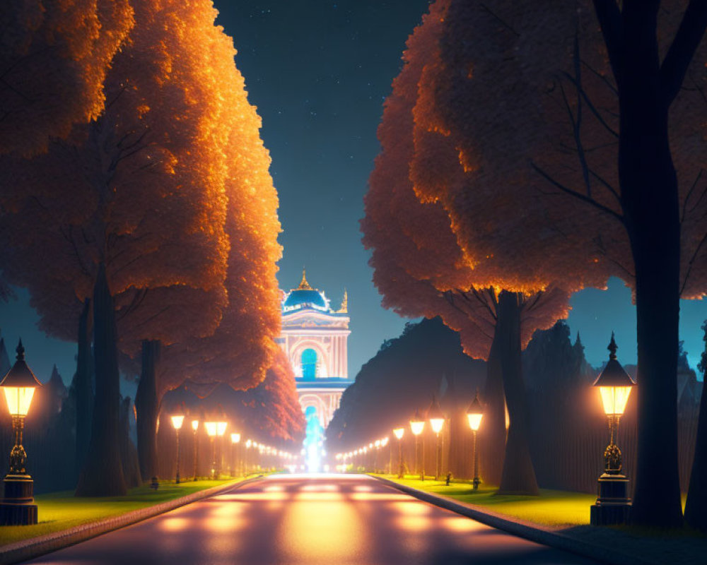 Nighttime illuminated pathway with street lamps and trees leading to a lit archway under starry sky