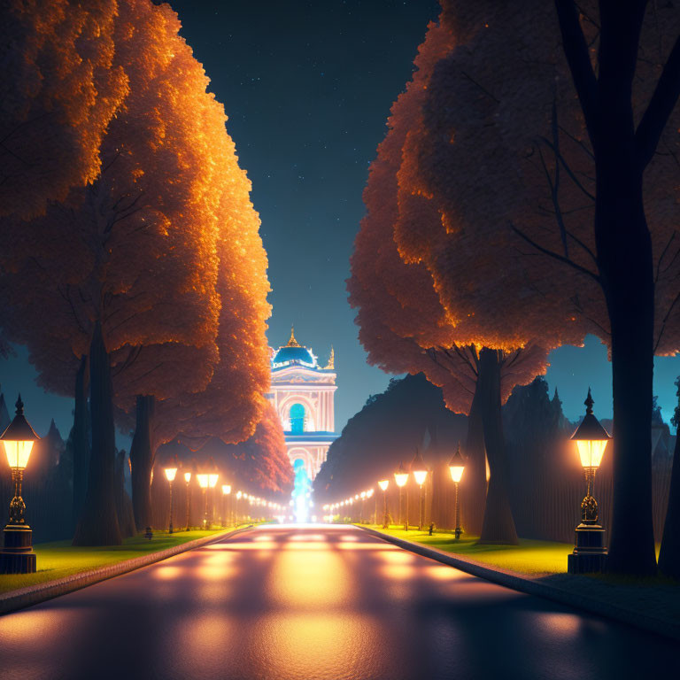 Nighttime illuminated pathway with street lamps and trees leading to a lit archway under starry sky