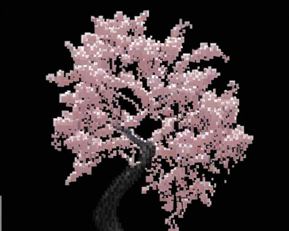 Cherry Blossom Tree Pixel Art on Black Background