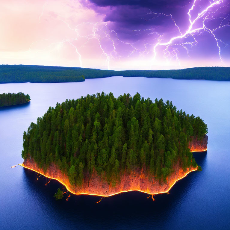 Dense Tree Island Lit by Orange Light at Dusk with Dramatic Lightning Storm